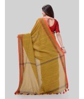 DESH BIDESH Women`s Traditional Bengali Tant Handloom Cotton Saree Royel Loveria Design With Blouse Piece (Olive)